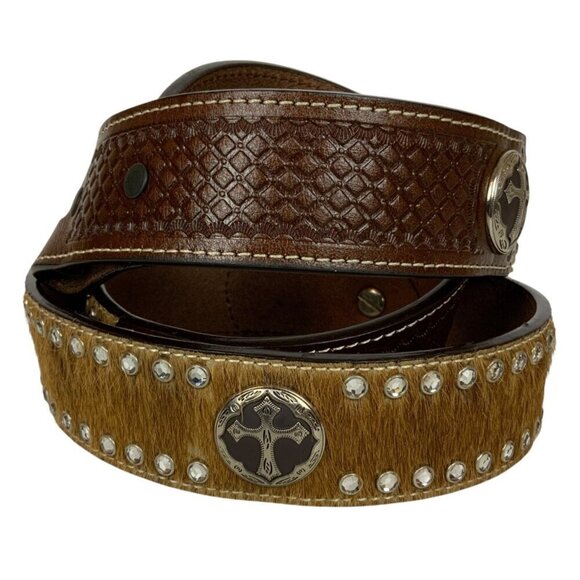 3D Belt Co Mens Western Sz 38 Handcrafted Leather Hide Studs Cross Conchos - Picture 1 of 6